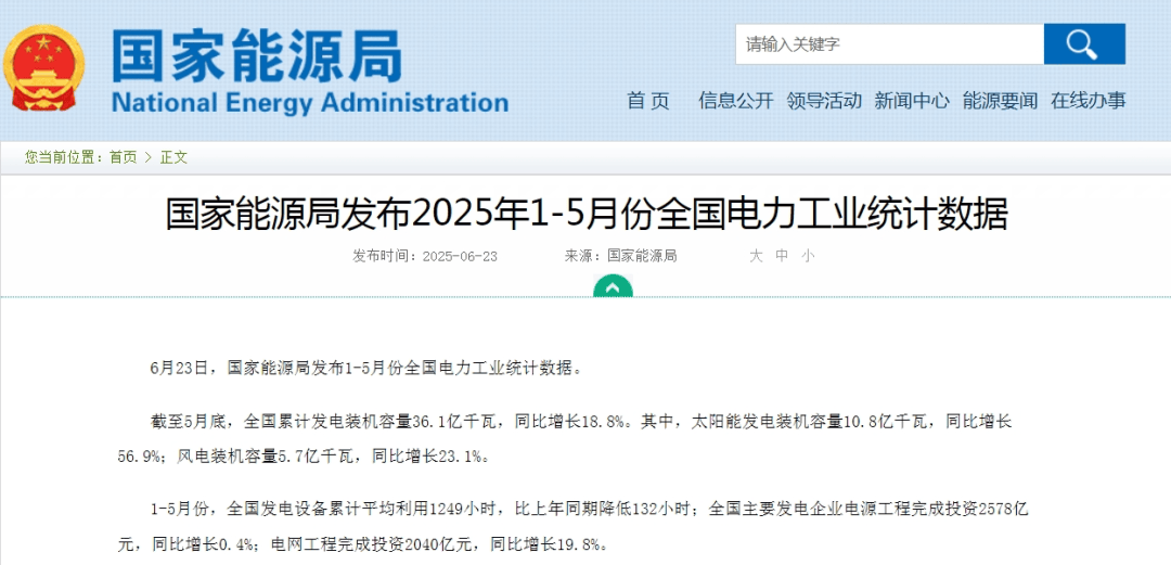 国家能源局：截至6月底，全国累计发电装机容量36.5亿千瓦，同比增长18.7%